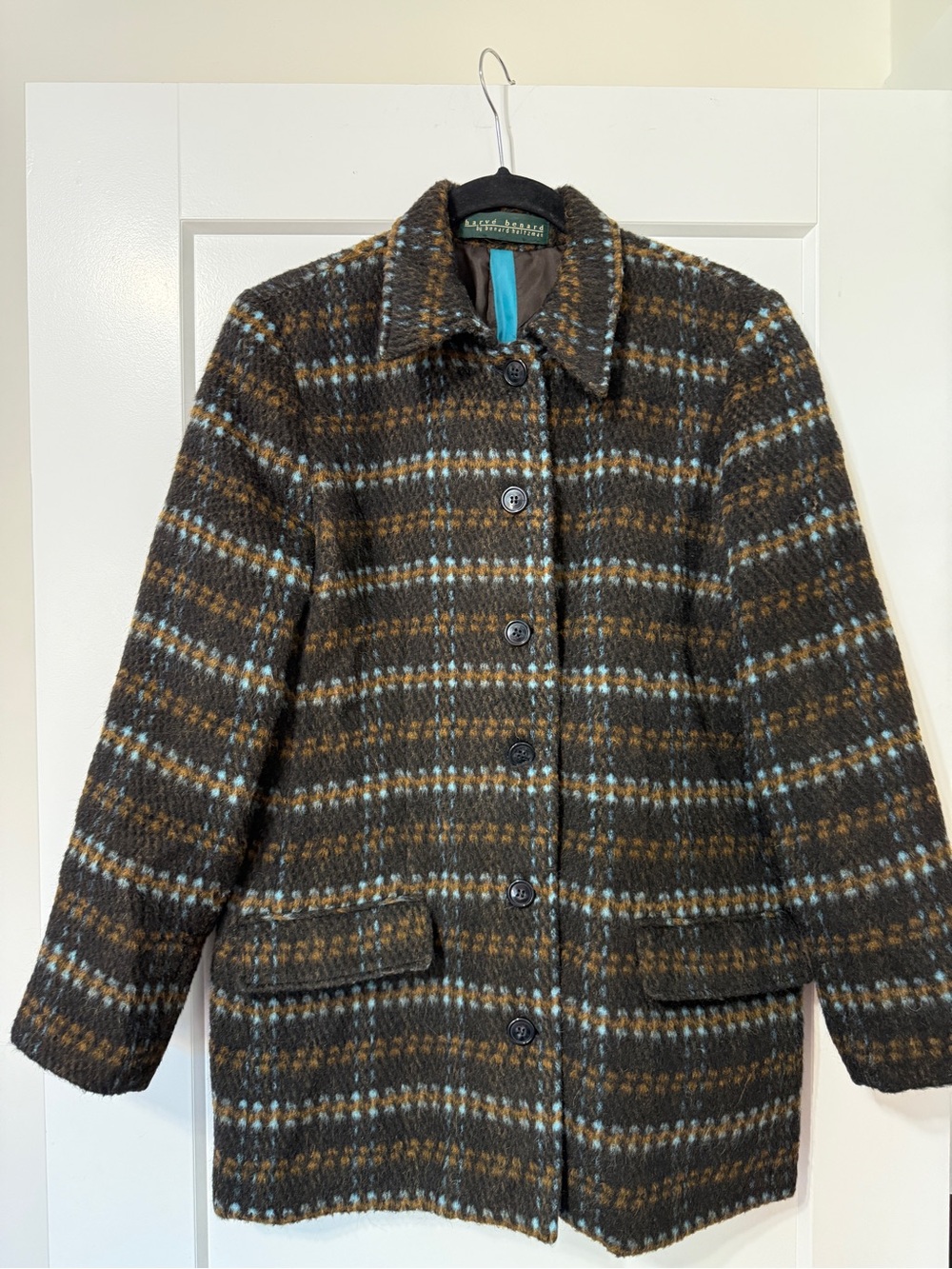Harve Benard Brown Plaid Wool Coat with Blue Accent